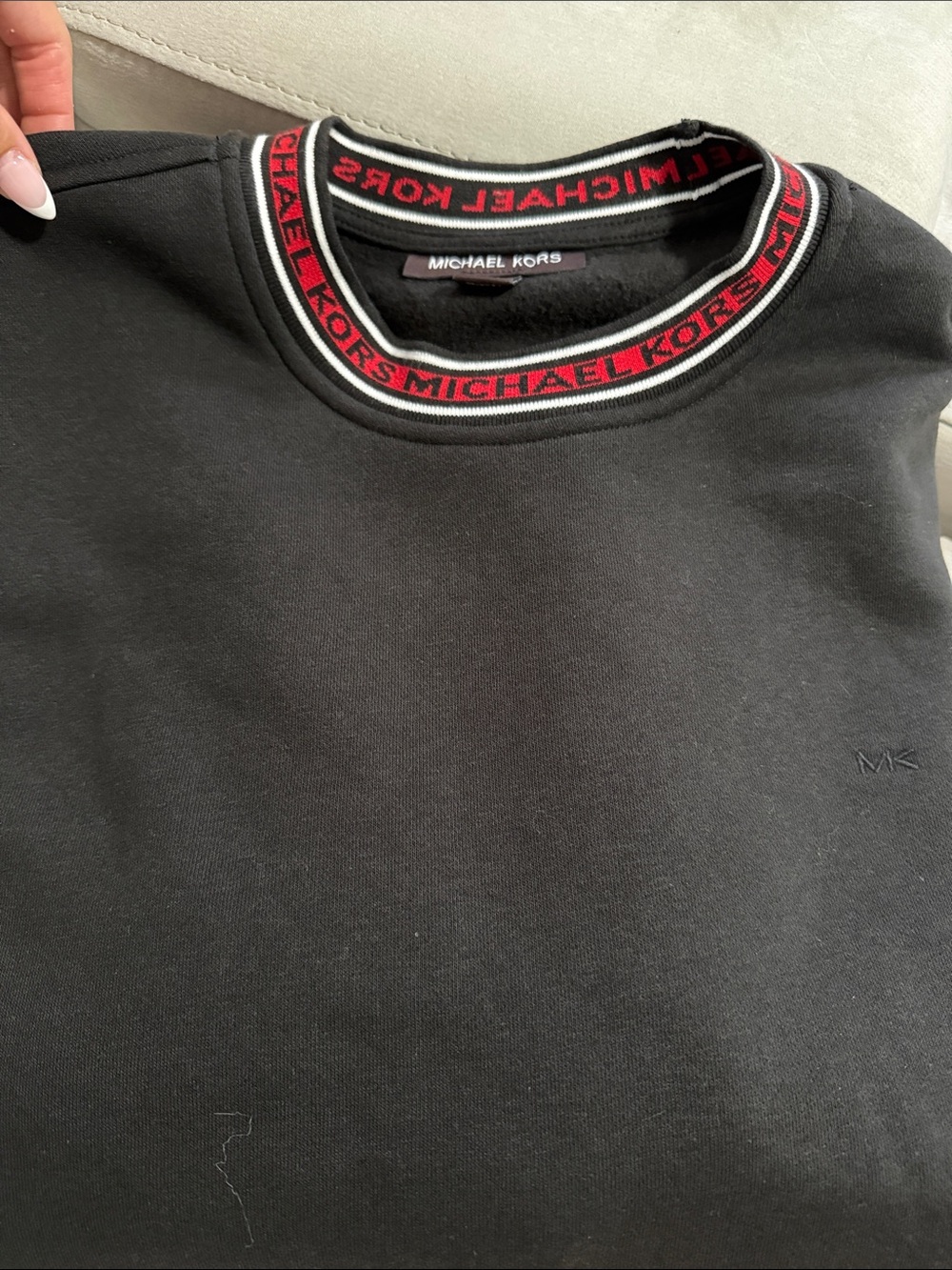 Michael Kors Black Crewneck Sweater with Red & White Logo Trim